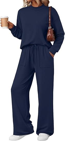 LILLUSORY Womens Two Piece Lounge Sets Mock Turtleneck Tops Wide Leg Drawstring Pants Sweatsuit with Pockets M