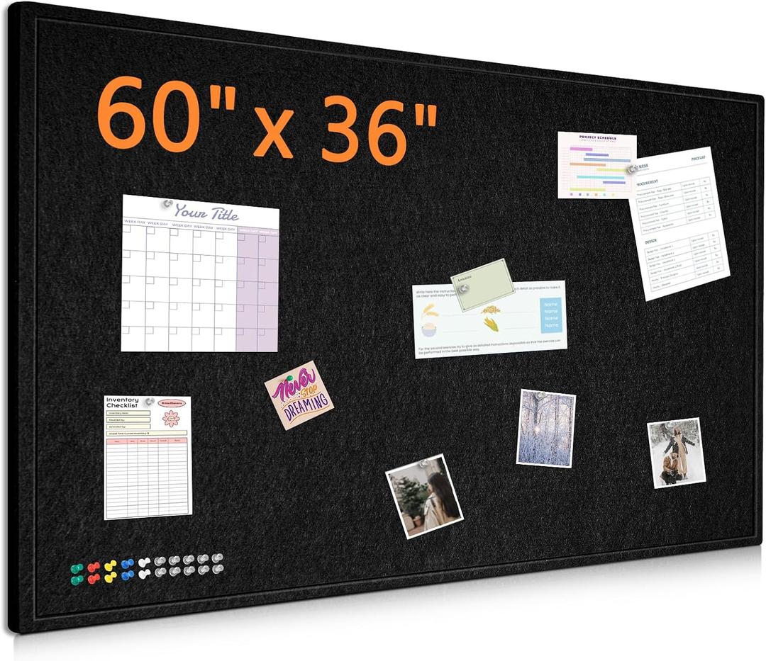 DOLLAR BOSS Large Bulletin Board 60" x 36" Foldable Felt Cork Board, Decorative Pin Board for Wall 5' x 3' Photo Display Board for Office Home School with 20 Pins, Black