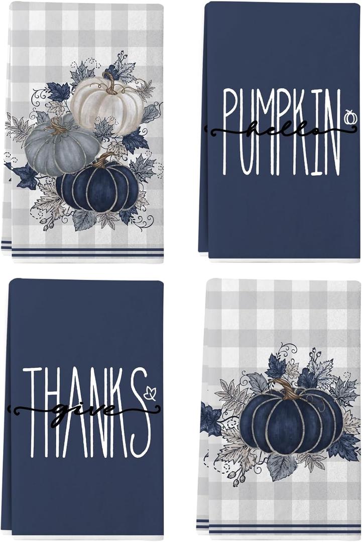 Blue Buffalo Plaid Pumpkin Fall Kitchen Towels 18x26 Inch,Hello Pumpkin Give Thanks Leaves Autumn Farmhouse Home Decoration Hand Towels Set of 4