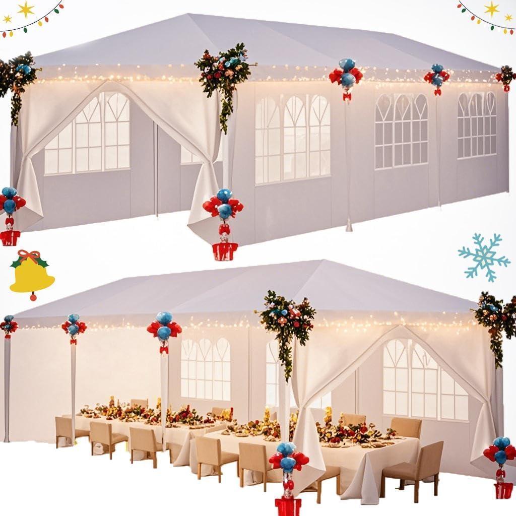 HOTEEL 10x30FT Party Tent 300 Sq Ft Outdoor Canopy with 8 Removable Sidewalls, 2 Zipper Doors, 16 Ropes and 36 Stakes, Carpas para Fiestas for Baby Shower BBQ Wedding Backyard Event, White