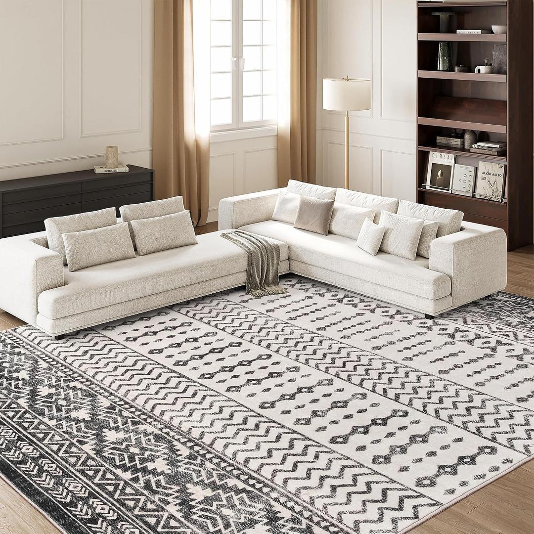 Art&Tuft 6x9 Area Rug, Super Soft Ultra-Thin Moroccan Washable Rug, Anti-Slip Backing Rugs for Living Room, Foldable Geometric Machine Washable Area Rug(6'x9', Black)