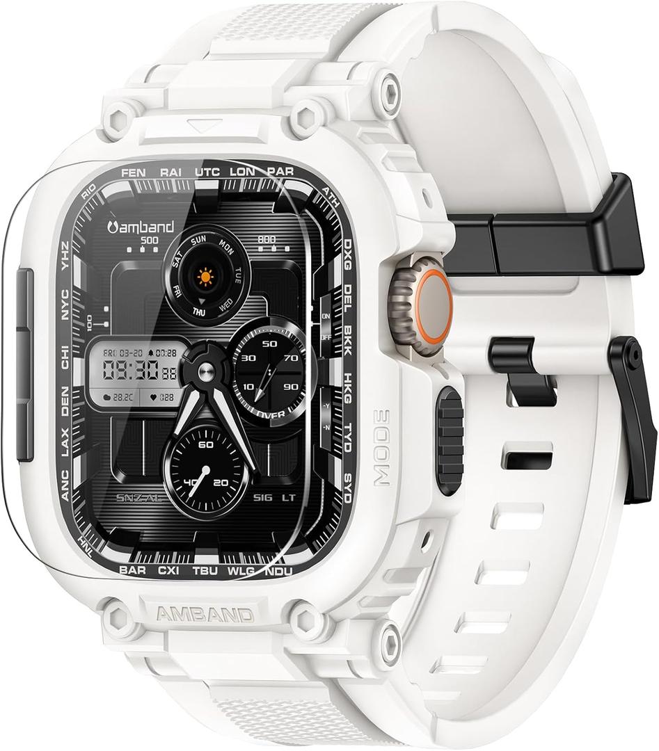 amBand Bands Case Screen Protector Compatible with Apple Watch Ultra 3/2/1 49mm, M1 Sport Series Rugged Cover Strap and 9H Tempered Glass Film, Protective Bumper for iWatch 49 mm Men White