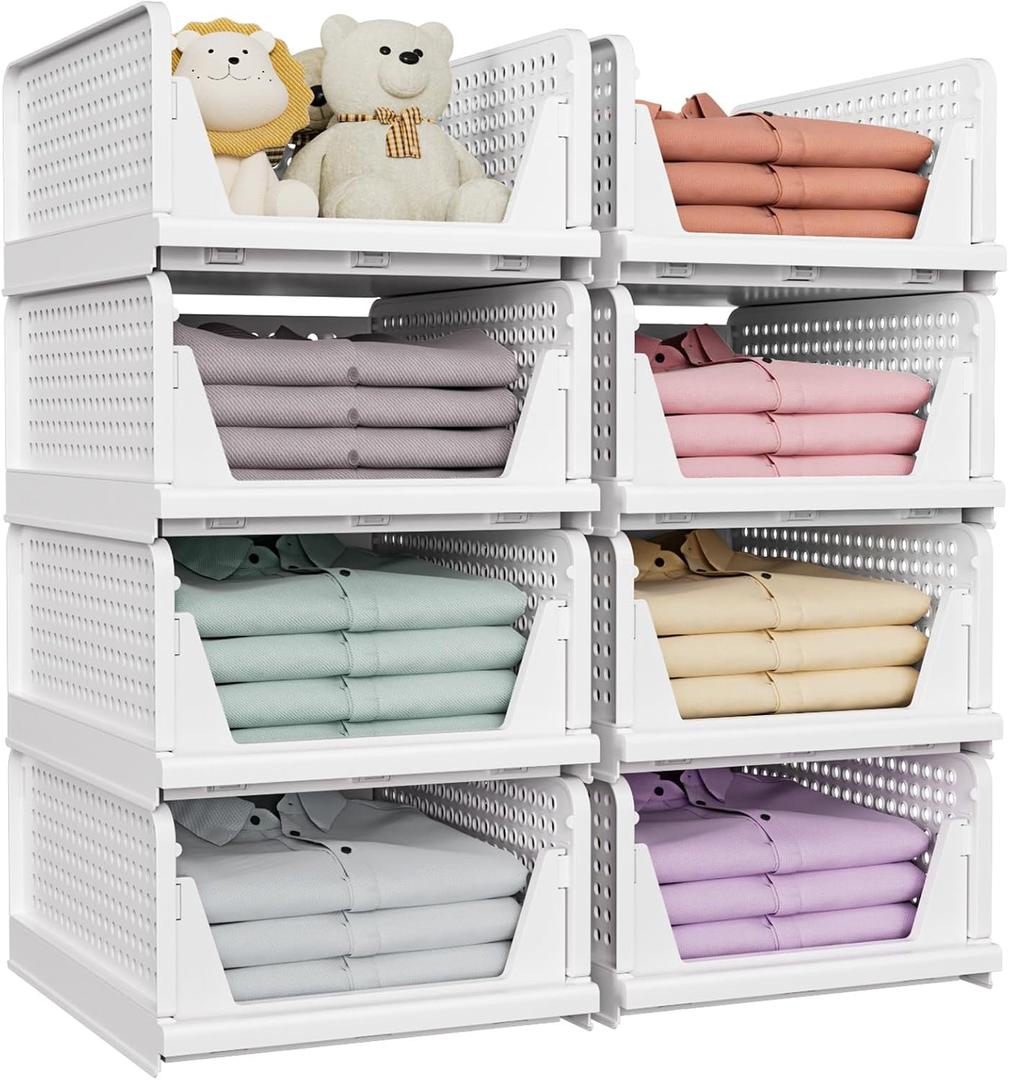 SNSLXH 8 Pack Stackable Closet Storage Bins, Multifunctional & Foldable Closet Organizers and Storage for Bathroom Kitchen Laundry Room Drawer Shelf Storage, Space-Saving Wardrobe Organizer, White