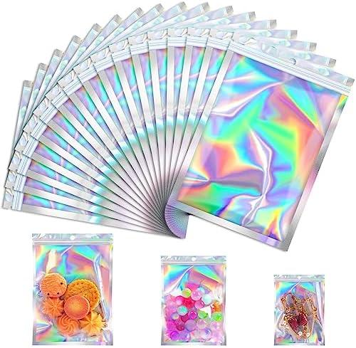 Jetmore  Smell Proof Bag, Mylar Bags with Clear Window & Zipper, Resealable Holographic Bag for Gift, Jewelry, Snack, Candy, Treat, Small Business Packaging Bags, Small Goody Baggies (4x6in)