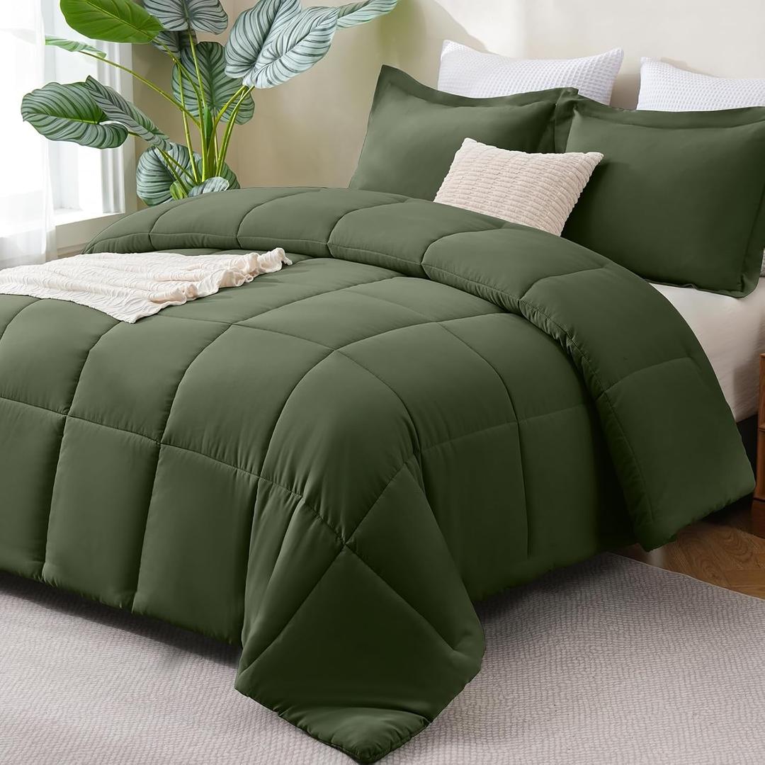 CozyLux Queen Size Comforter Set - Olive Green Comforter Queen Size, 3 Pieces Box Stitched Bed Set for All Seasons, Soft Lightweight Bedding Sets with 1 Down Alternative Comforter and 2 Pillow Shams