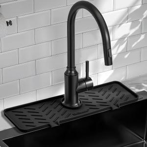Silicone Faucet Mat for Kitchen Sink  Gen 2 Splash Guard with Upgraded Outlet & Slope  18 x 5.1 Water Catcher & Sink Sponge Holder for Kitchen and Bathroom (Black)