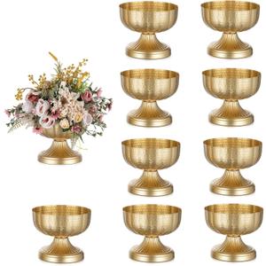 NUPTIO Gold Vases for Centerpieces Wedding: Hammered Brass Compote Vases for Small Flowers Arrangements - Metal Pedestal Bowl for Table Home Decor Set of 10