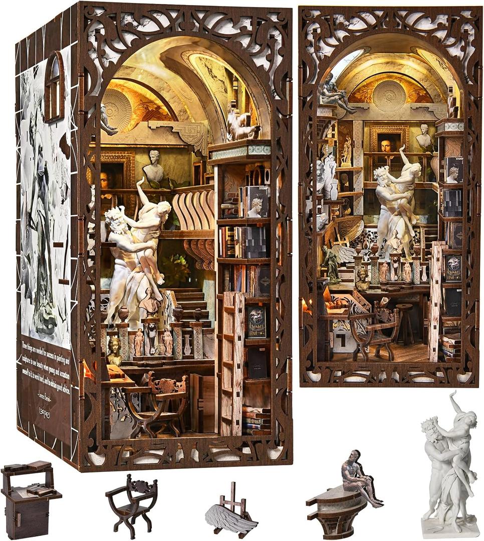 MiniCity DIY Book Nook Kit, Miniature Dollhouse Kit, Book Nook Kits for Adults Gift, Booknook Bookend Bookshelf & Home Decor with LED Light (Bernini's Workshop)