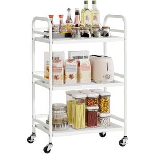 HDANI 3 Tier Rolling Cart,Heavy Duty Multifunctional Metal Frame-Supports 22 Lbs Per Tier,Rolling Cart with 2 Lockable Wheels for Office,Home,Bedroom,Kitchen,Bathroom (White), Small Mesh