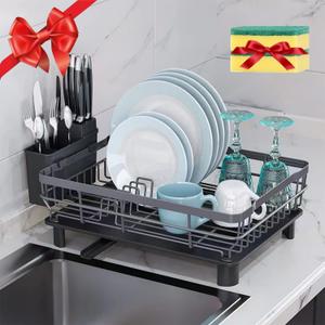 Dish Drying Rack, Dish Racks for Kitchen Counter, Dish Drainer with Utensil Holder and Knife Slots, Removable Drainboard, Sink Drying Dish Strainer Rack (A-Black)
