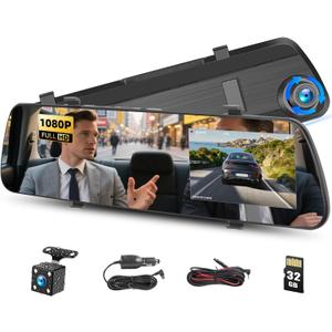 4 inch Mirror Dash Cam,1080P Rear View Mirror Camera for Cars,Dual Dash Cameras Front and Rear HD Night Vision,24H Parking Monitoring,Loop Recording, Motion Detection,Reversing Assistance,32GB TF Card
