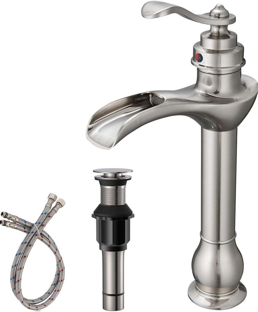 BWE Vessel Sink Faucet Waterfall Brushed Nickel with Pop Up Drain Assembly and Supply Hose Single-Handle Single Hole Bathroom Faucet Lavatory Mixer Tap Tall Body