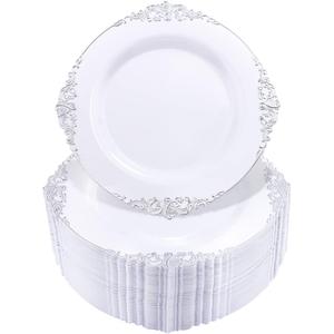 Hioasis 100pcs White Silver Plastic Plates for Party - 7.5" Dinner Plates Disposable, Heavy -duty, Classy and Elegant for Wedding