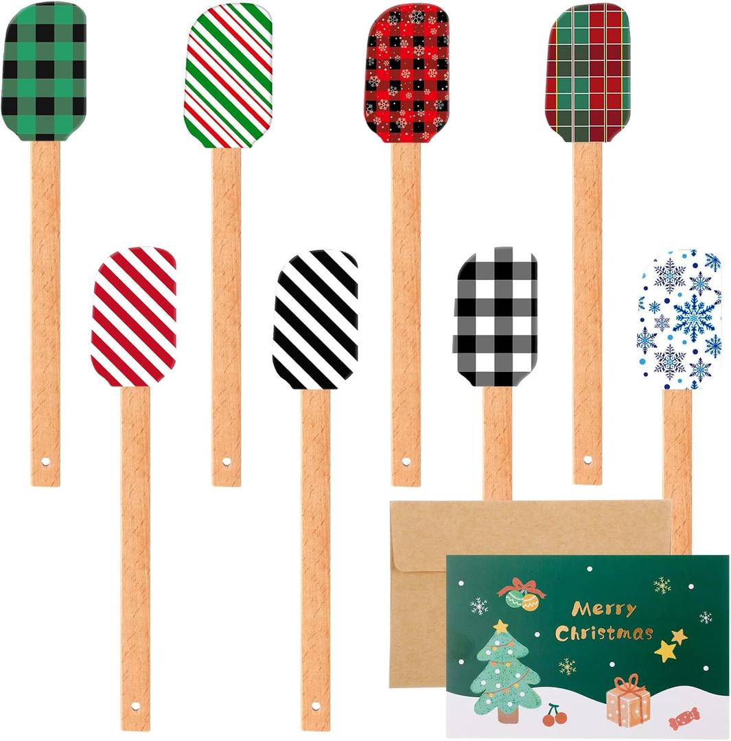 8 Pieces Christmas Silicone Spatula Santa Claus Pattern Set Xmas Cake Silicone Spatula with Wooden Handle for Kitchen Stirring Cooking Baking(Stripe Color)