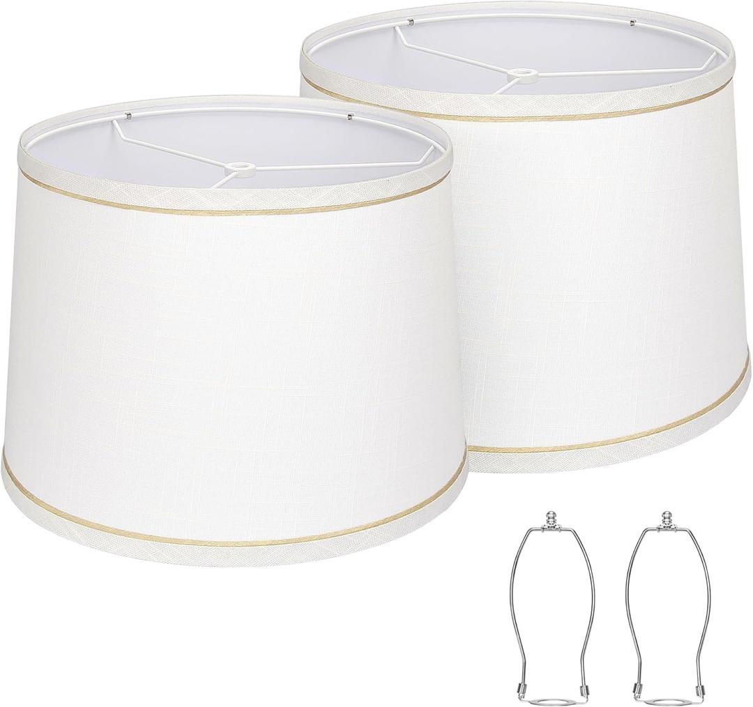 Lampshades Set of 2 for Table Lamps, Floor Lamps, Fabric White Lamp Shades 11.6" Top x 12.6" Bottom x 9.8" High, Drum Lampshades(Spider Fitter), Medium Lamp Shades Replacement, Easy Assembly Required (White with Brown Rim)