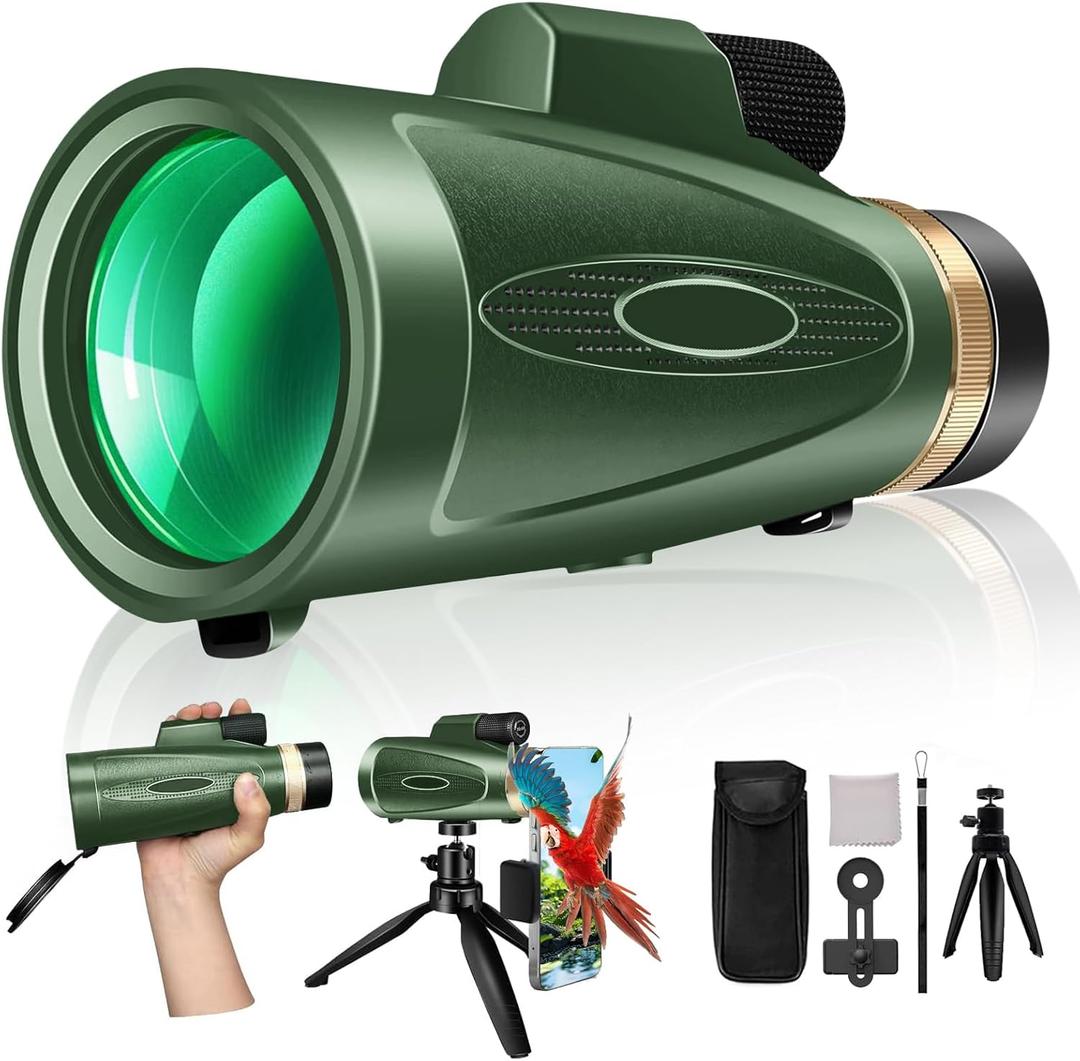 Monocular Telescope 80x100 High Power with Smartphone Adapter Tripod,Larger Vision Monoculars for Adults with BAK4 Prism & FMC Lens, Suitable for Bird Watching Hunting Hiking Camping Wildlife-Green