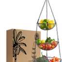 3 Tier Hanging Fruit Basket Regal Trunk & Co., Farmhouse Wire Basket, Three Tier Fruit Basket for Kitchen for Vegetables, Bread & More, Metal Chain, Hanging Hook and Detachable Round Wire Baskets