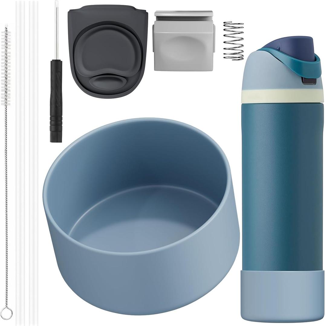 6 Pcs Accessories Fit for Owala Cup 24-40oz,1 Boot,2 Replacement Straws,1 Straw Brush,1 Lid Stopper, 1 Top Button Included, Silicone Boot (Denim, 24oz)
