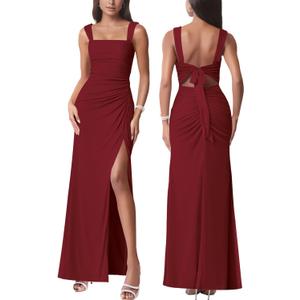 Women Sexy Mesh Tie Low Back Sleeveless Split Ruched Maxi Dress Party Cocktail Long Dress Wedding Guest Dresses (Medium, Wine Red)