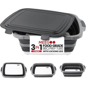 BBQ Prep Tub 3-IN-1 Large 16L Collapsible Cutting Board with Locking Lid for Meal Prep Marinating Food, Camping Sink with Colander, Dish Basin, Storage Blanket for Camping Picnic BBQ, Black