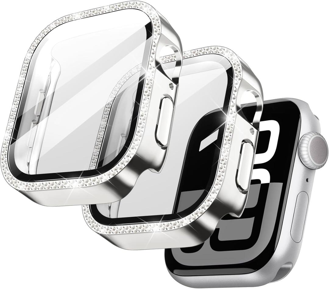 JETech Bling Diamond Case with Screen Protector for Apple Watch Series 11/10 46mm, Overall Protective Cover, Built-in Tempered Glass Film High Sensitivity, 2 Pack (Silver)