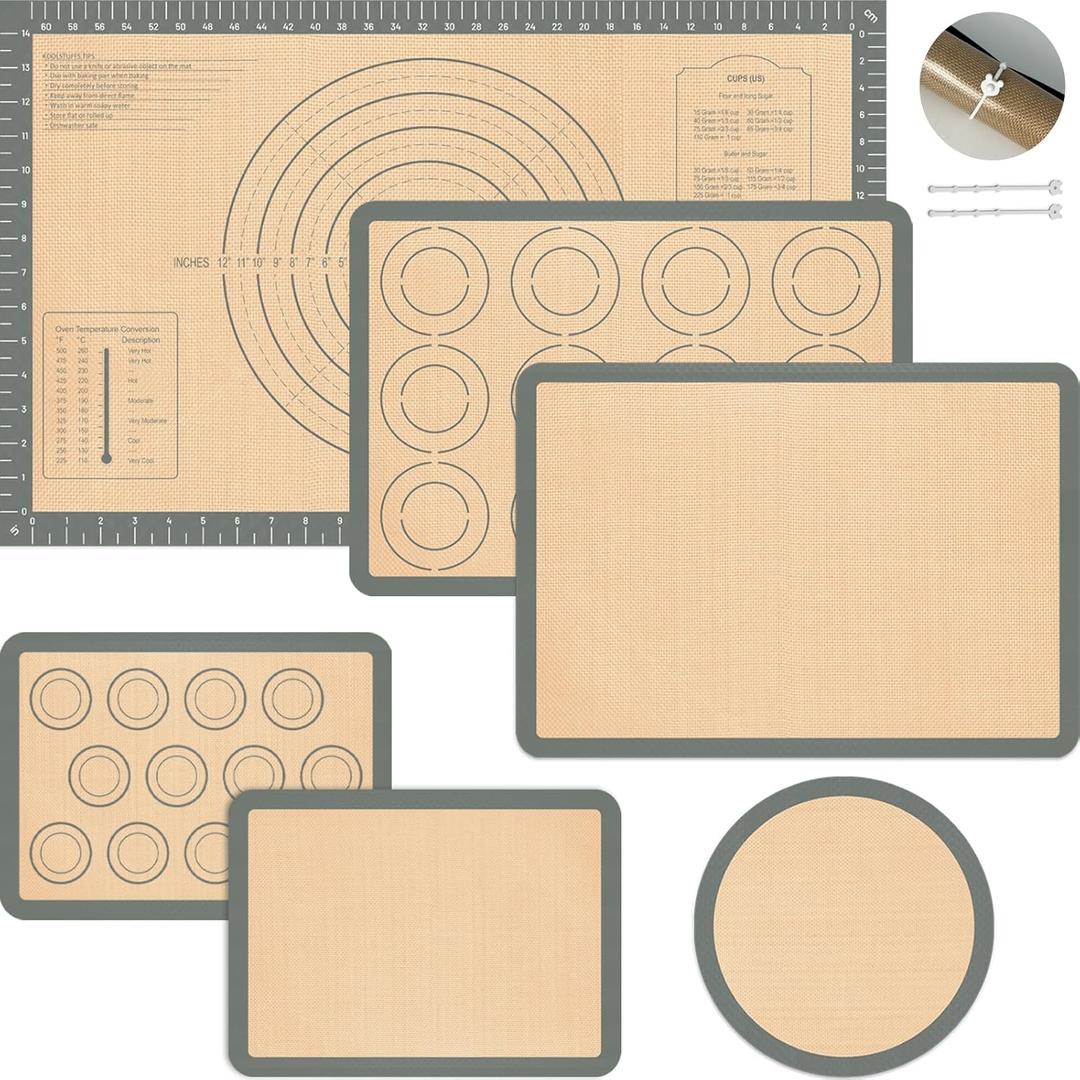 Silicone Baking Mat Set of 6, Nonstick Pastry Mat, Reusable Macaron Silicone Baking Mats & Round Pizza Mat, Cookie Baking Supplies for Macaroons, Pizza (Gray)