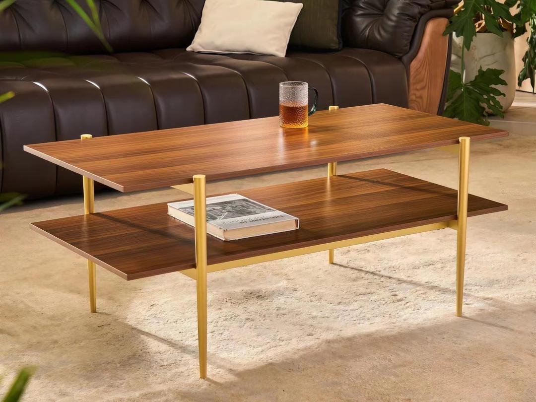 Shrine Rectangle Coffee Table, Mid-Century Modern Design, Two-Tier Walnut MDF Table, 41" D x 21" W x 17" H, Sleek Conical Metal Legs with Gold Finish