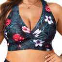 Yonique Women's Plus Size Bikini Tops Only Halter Swimsuit Top Large Bust Swim Top V Neck Bathing Suit Tops (Black Floral, 16W)