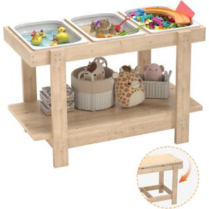 Sensory Table, Sensory Table for Toddlers 1-3, Kids Activity Desk with 3 Foldable Storage Bins, Play Sand and Water Desks for Indoor Use, Wooden Kids Play Sand Desk for Drawing, Studying, Dining