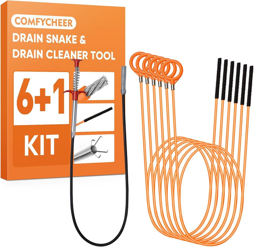 51inch Drain Hair Remover(6pack),34inch Drain Clog Remover(1pack),Drain Auger Cleaner Tool Set For Toilet, Kitchen Sink, Bathroom Tub, 7 Pack