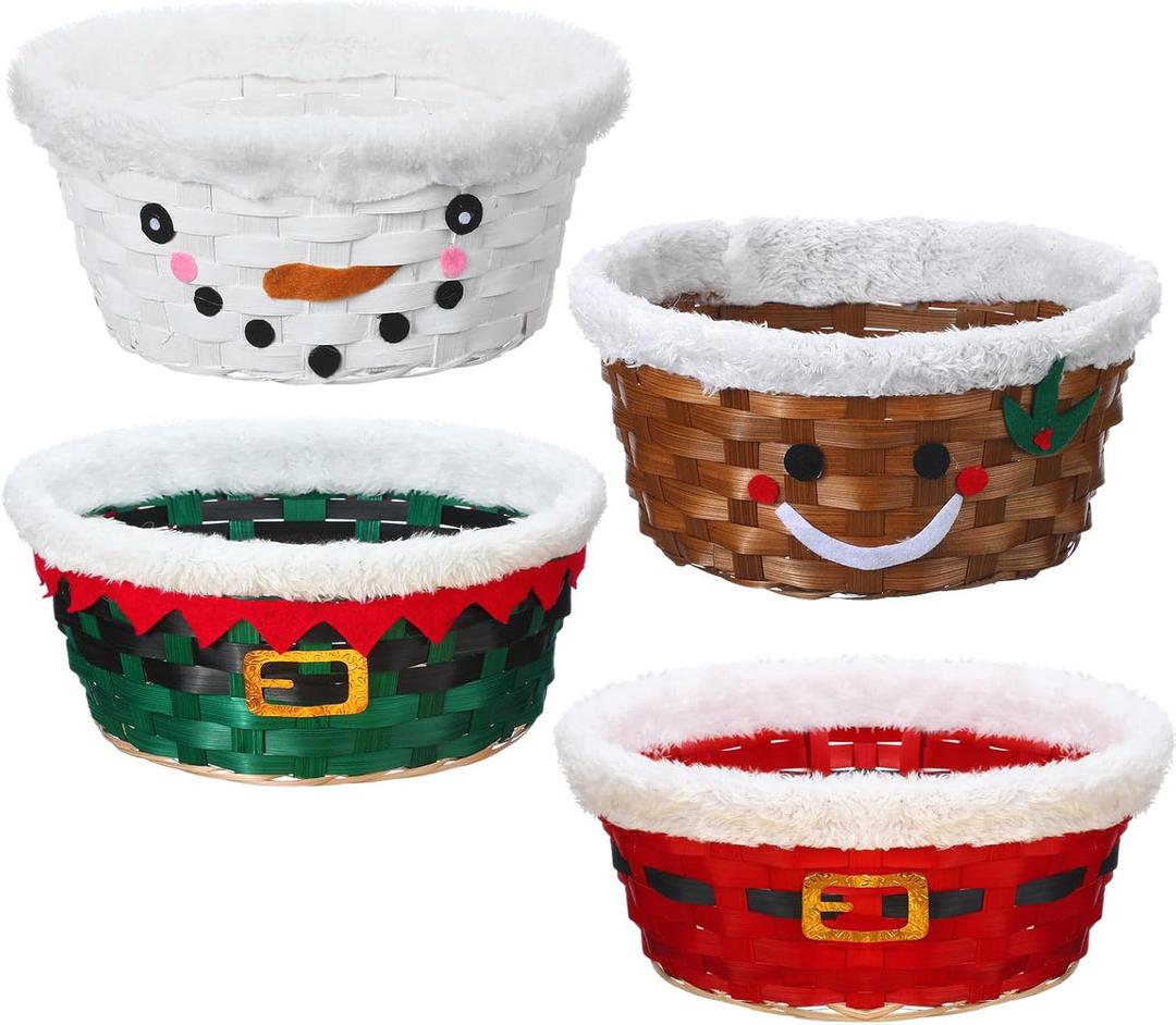 Youyole 4 Pieces Christmas Basket for Gifts Woven Bamboo Xmas Round Gingerbread Basket Small Santa Claus for Christmas Party Supplies Gift Snack Storage
