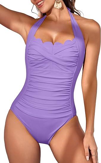 Eomenie Women One Piece Tummy Control Swimsuit Halter Scallop Trim Bathing Suits 1 Piece Vintage Ruched Slimming Swimwear, Size 2XL