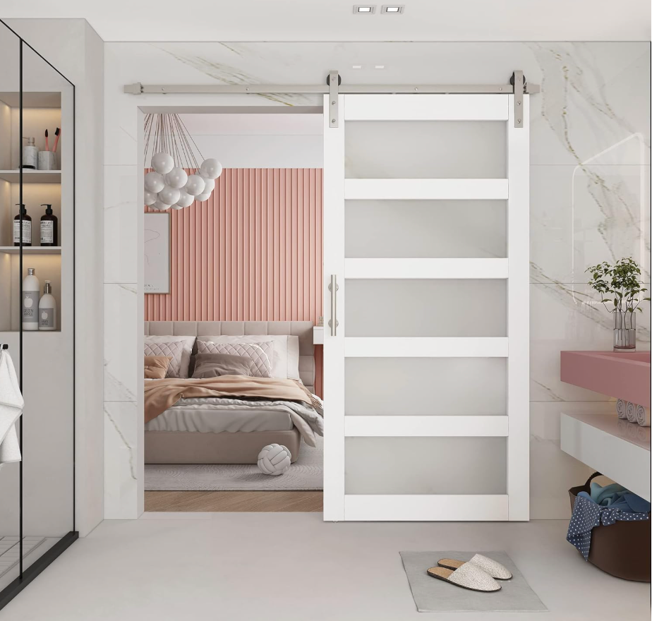 BARNSMITH 48in x 96in Glass Barn Door and 8FT Nickle Sliding Door Hardware Included, 5-Panel Sliding Barn Door, Solid Wood Covered with Water-Proof PVC Surface, Easy Assembly, White
