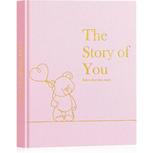 Lanpn Baby Memory Book for Boy Girl - The Story of You, Newborn Babys Keepsake Book Photo Album for New Parents, Linen Cover Baby First 5 Year Milestone Journal Scrapbook (Pink, 154 Pages)
