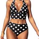 MakeMeChic Women's Polka Dots Tankini Bathing Suits Halter Tie Backless Beach Swimsuits, S