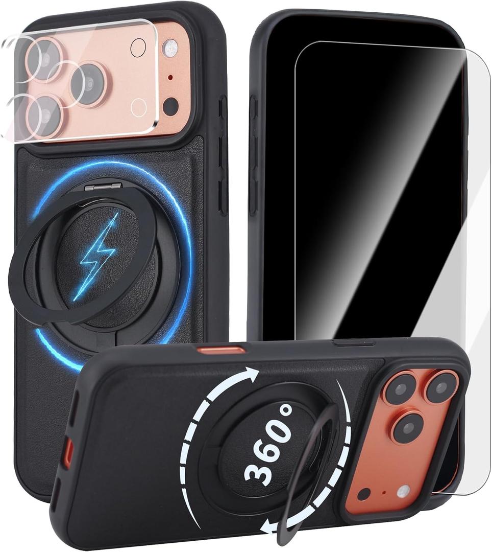 Case for iPhone 17 Pro 360° Rotating Stand, Upgraded PU Leather Military-Grade Shock-Resistant Full-Coverage Case with Rotating Stand-Black