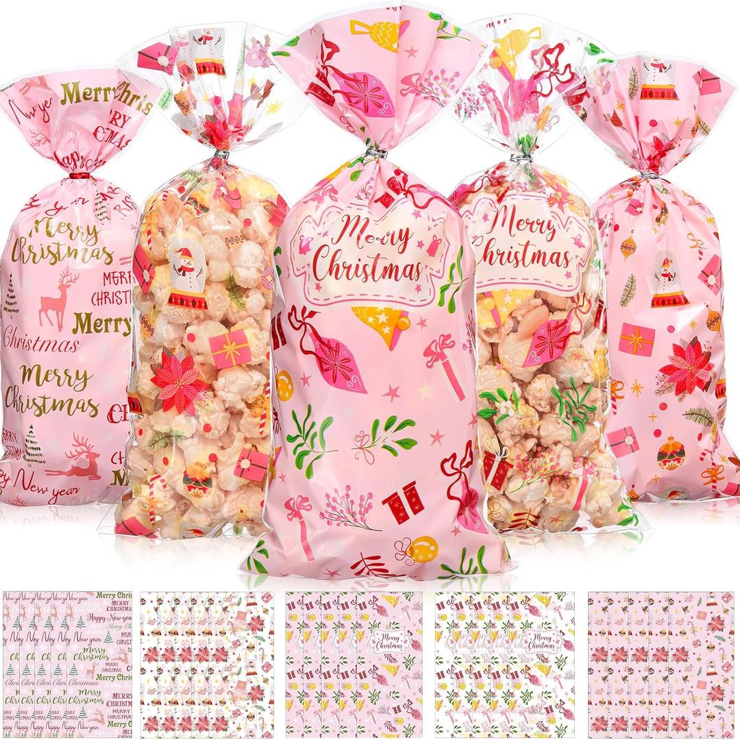 Yeaqee 100 Pcs Pink Christmas Cellophane Treat Bags Christmas Plastic Gift Bags Pink Christmas Candy Cookie Bags Bulk Pink Xmas Goody Gift Bags for Christmas Birthday Party Favors Supplies