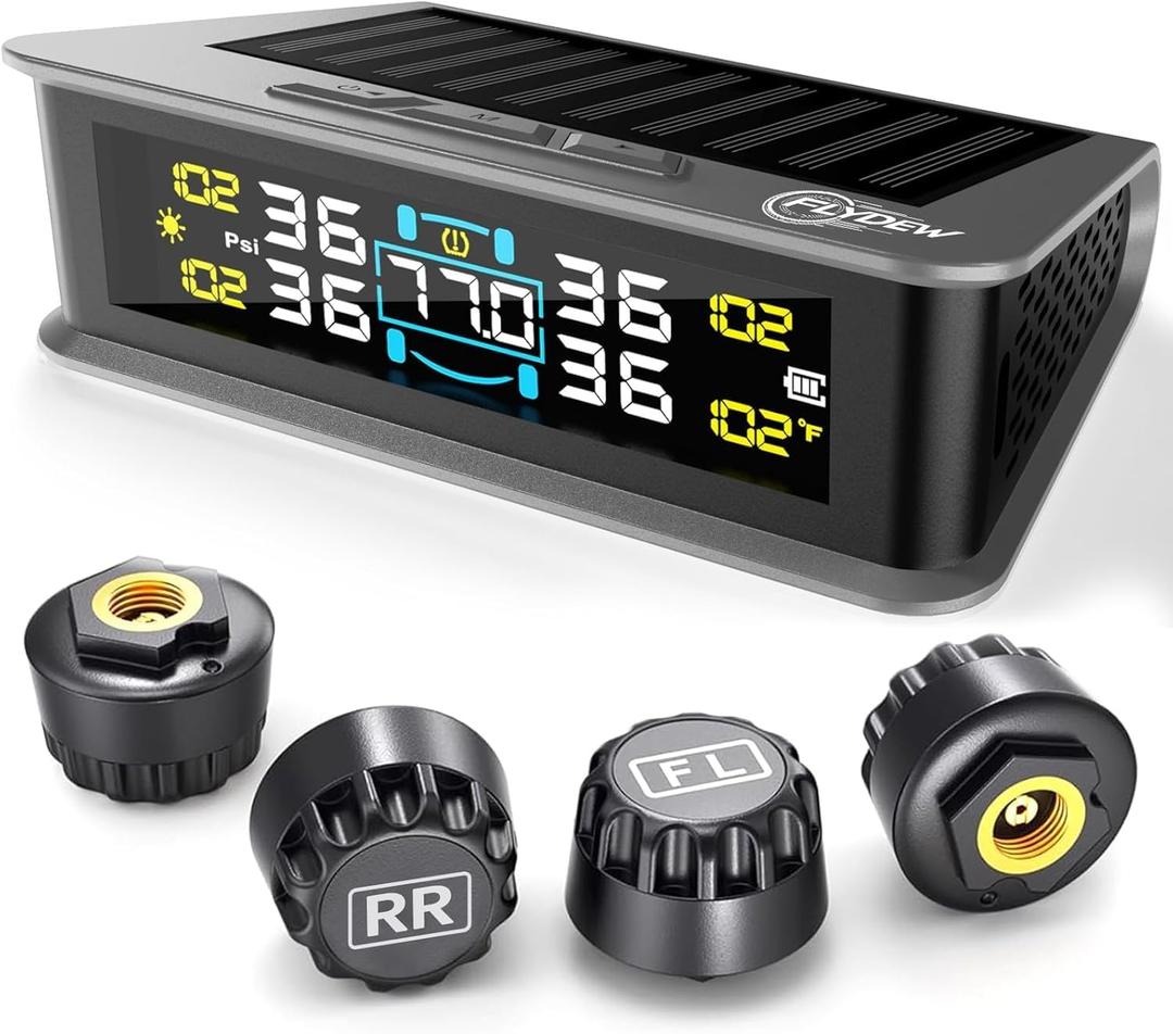 RV Tire Pressure Monitoring System (TPMS) - TPMS Sensors Set of 4 with 6 Alarm Modes | Solar/USB Charger | LCD Display | for RV/Truck/SUV/MPV/Sedan