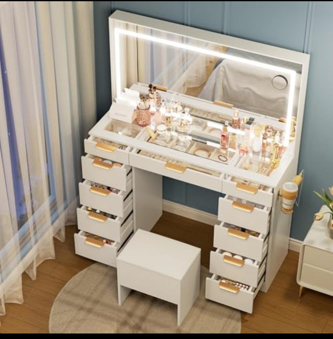 Pamapic Glass Top Vanity Desk with Mirror and Lights, 11 Drawers Makeup Vanity with Charging Station and Chair, Golden Handles Dressing Table, 3 Lighting Modes Makeup Table, White