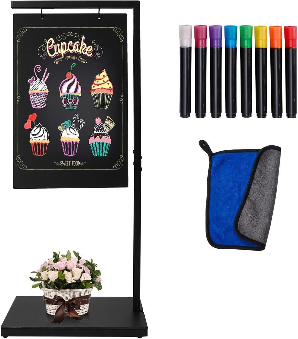 Pubell Chalkboard Signs with Stand, 43" x 18" Black Metal Easel, Double-Sided Hanging Outdoor Chalkboard Sign for Cafe Bar, Bistro, Florist, or Wedding (18.3" x 11.8")