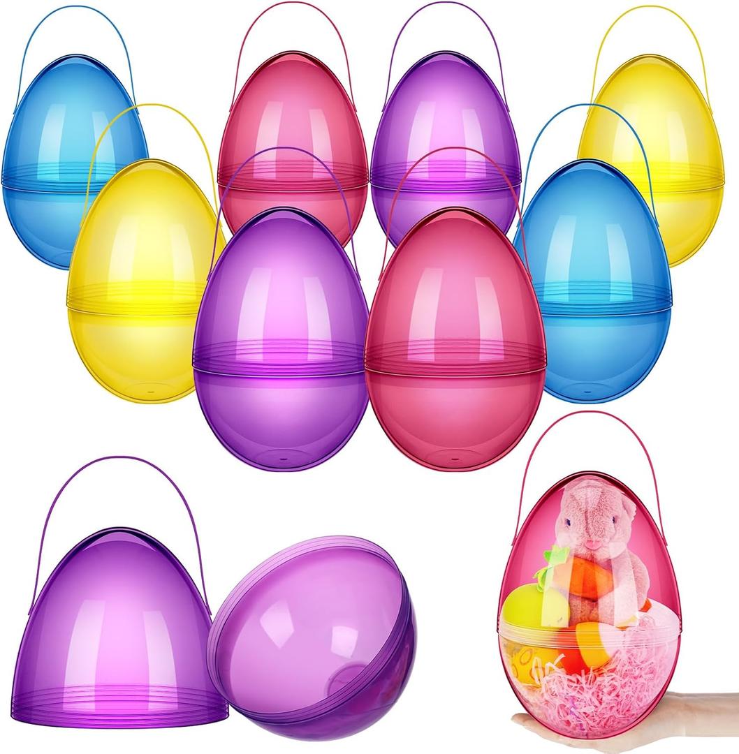 Funtery 8 Pcs Jumbo Easter Eggs 10 Inch Plastic Giant Easter Eggs with Handles, Clear Large Baskets Fillable Big Bunny Egg Shaped Baskets Containers Decoration (Multi Colors)