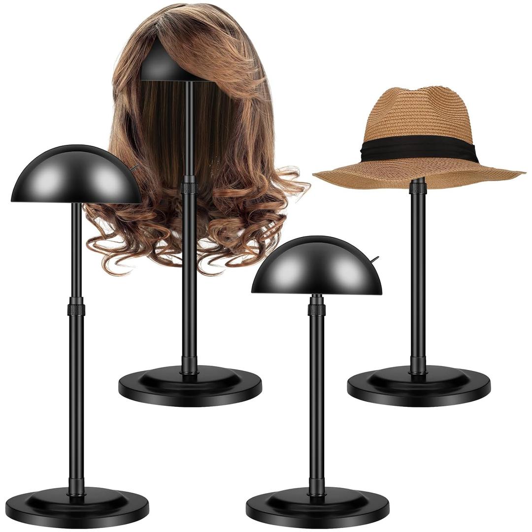 Tatuo 4 Pcs Wig Holders, 9.8"-18.9" Adjustable Height Wig Head Stand Portable Hat Display Holder Storage for Multiple Travel Wigs Styling Practice women DIY Head Stand Non Slip Stable (Black)
