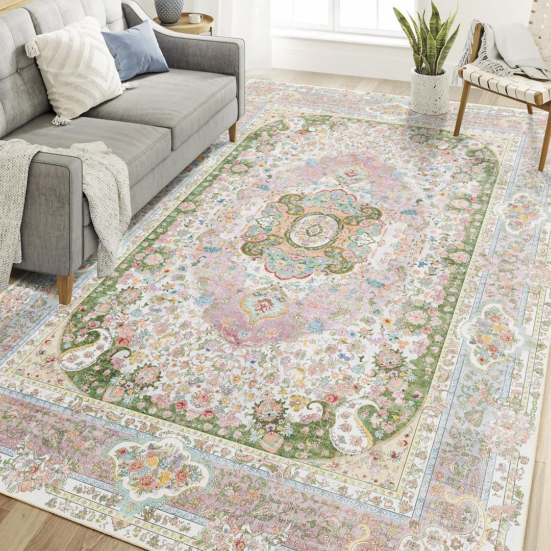 Casrage 6x9 Area Rugs Washable,Pink Rug for Living Room Bedroom Kitchen,Large Boho Vintage Bohemian Distressed Carpet Non Slip,Blush Green