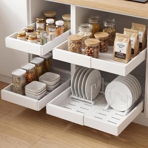 DOMNIU 4 Pack Pull Out Cabinet Organizers Expandable Width (12.4''-20.27''), Upgrade 3 Slide Rails Sliding Drawer for Kitchen Cabinet Organizer with Adhesive Nano Film, White