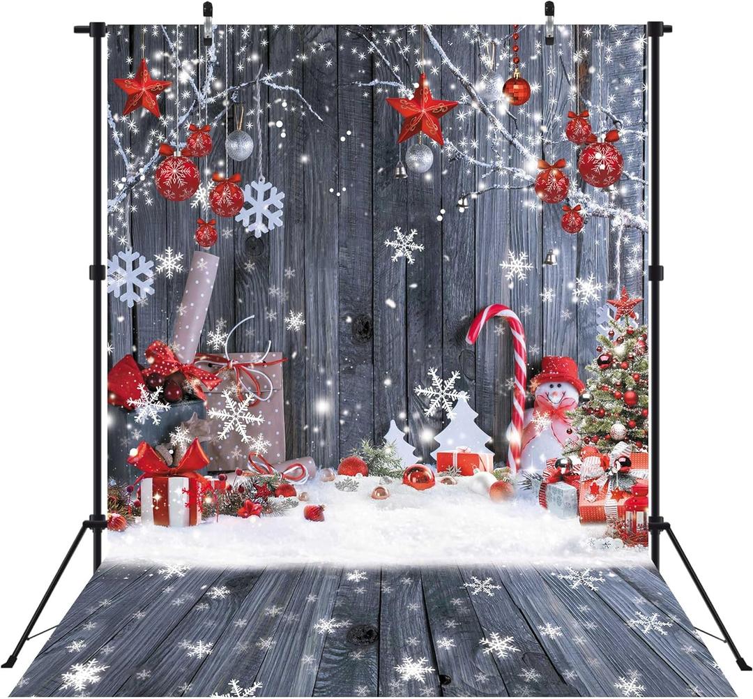 LIVUCEE 5X7FT Christmas Wood Wall Photography Banner Backdrop Winter Holiday Snowflake Xmas Tree Wood Floor Background Party Supplies Decor Photoshoot Studio Booth Props