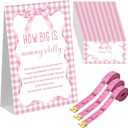 54 Pcs Cartoon Story Baby Shower Games Pink Bow Measure Belly Bump Party Games Include How Big Is Mommy's Belly Sign 50 Guessing Cards 3 Measuring Tapes for Baby Shower Party(Pink Bow)