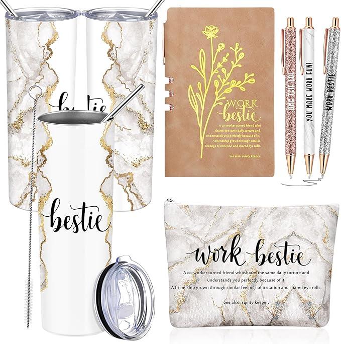 Domensi 6 Pcs Work Bestie Gifts for Women Employee Appreciation Gifts 20 oz Tumbler Makeup Bag Leather Journal Ballpoint Pen Galentines Day Thank you Present for Teacher Cowoker Female Leader(White)