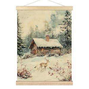 BCUANGD Winter Wall Art - Winter Christmas Tree Deer Holiday Wall Decor Poster Hanger with Wood Frames, Vintage Xmas Landscape Snowy Hanging Canvas Decor for Farmhouse Home Bedroom, 12x16 Inches