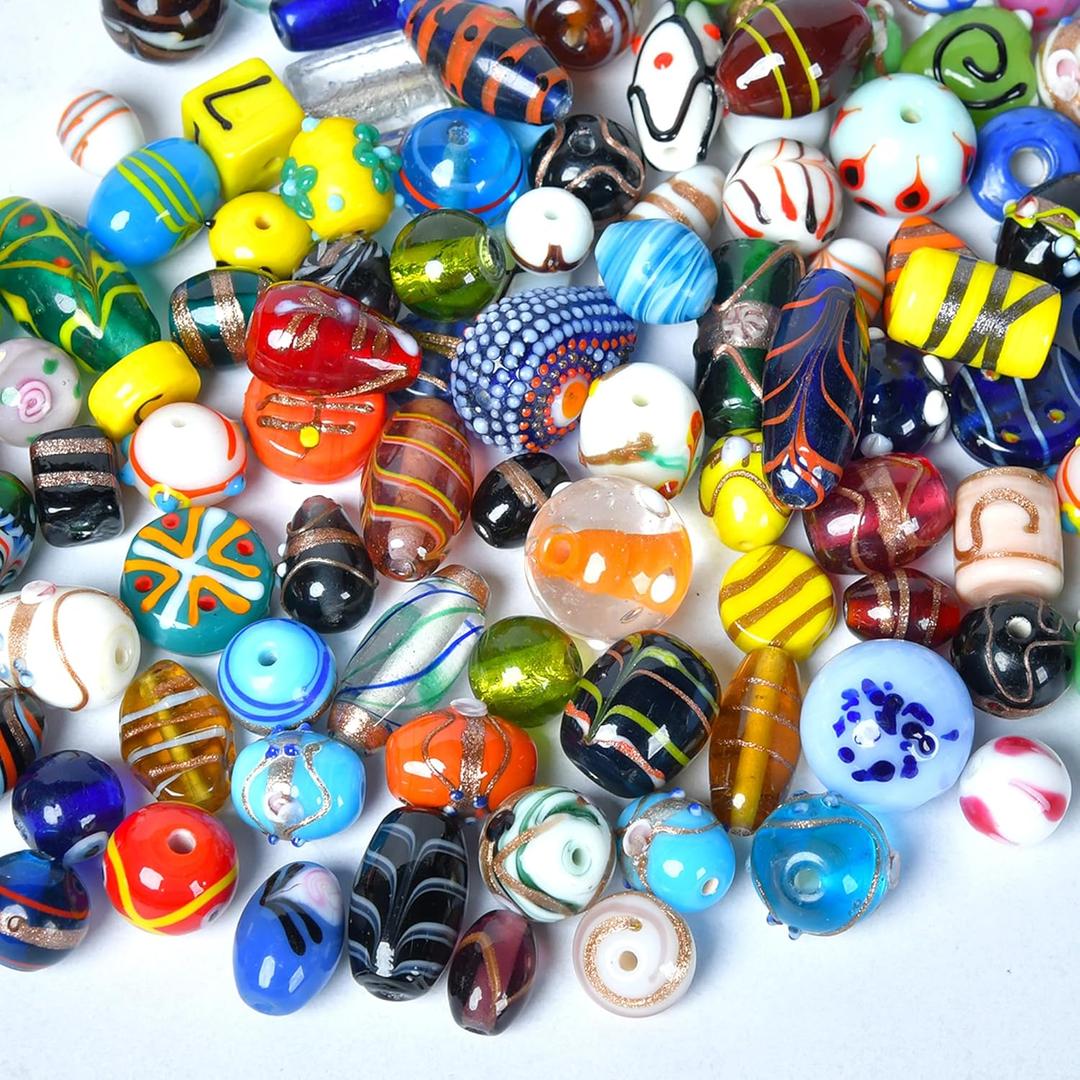 1/2 LB Bag of Assorted Glass Beads for Jewelry Making, Lampwork Murano Bead Mix for Bracelets and Necklaces, Crafting Beads Supplies Kit, Large & Small Beads