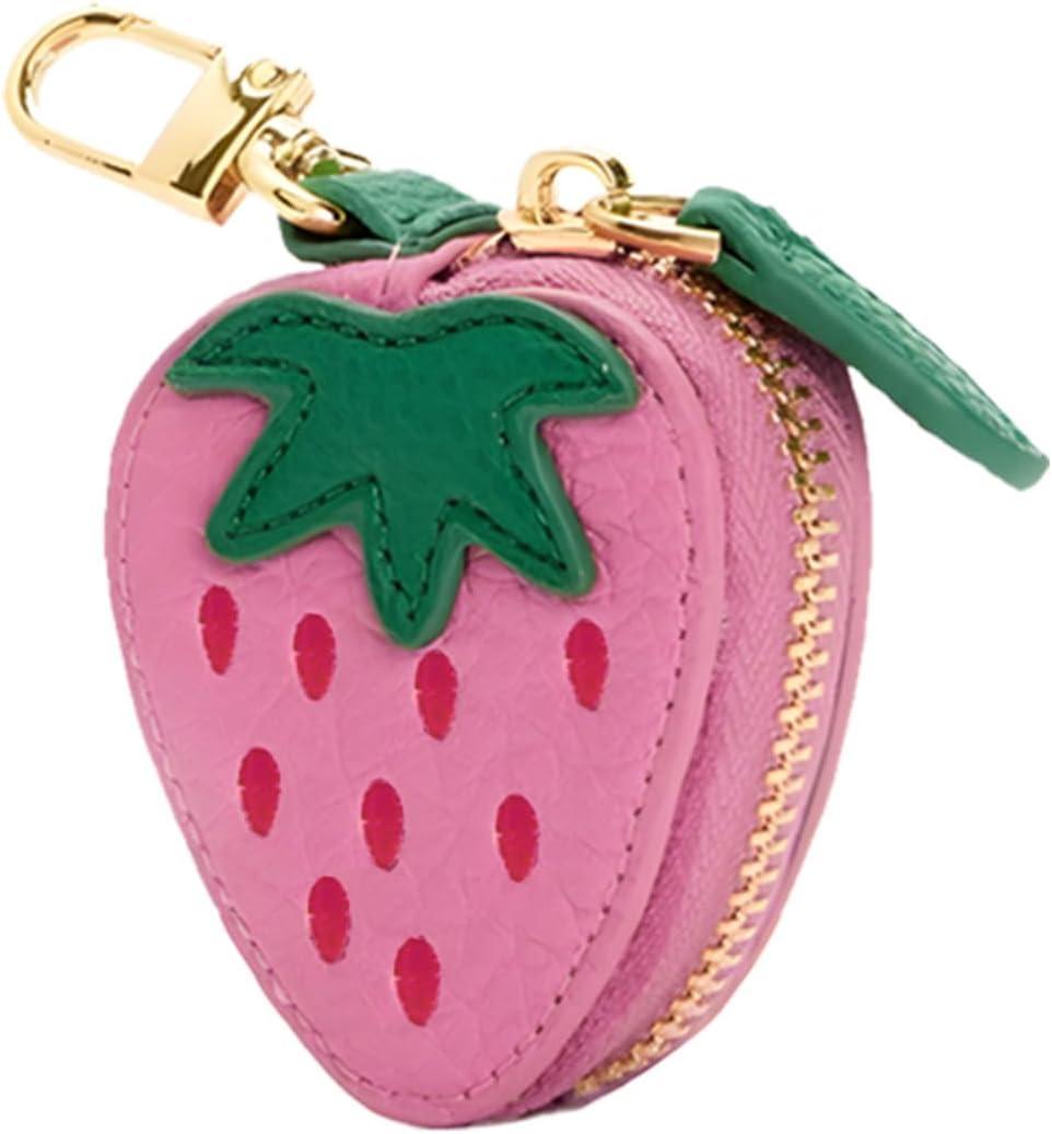 Strawberry Coin Purse Charm Leather Change Purse with Keychain, Cute Fruit Coin Pouch with Zipper, Mini Fruit Bag Charm Coin Purse for Women (Strawberry, pink)